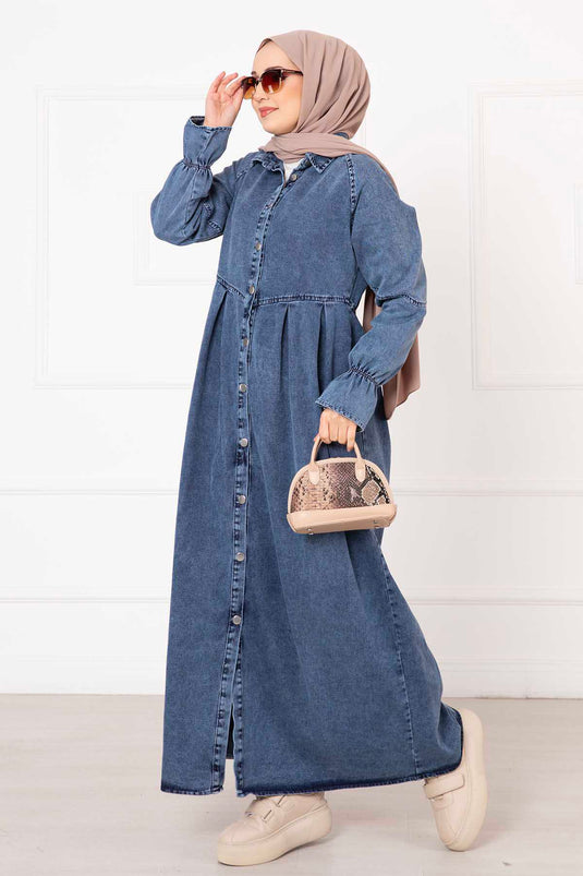 Shirt Collar Full Button Denim Dress Blue