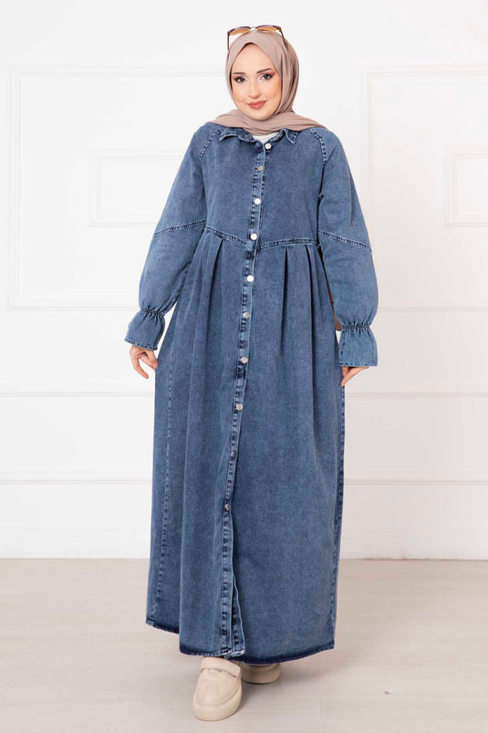 Shirt Collar Full Button Denim Dress Blue