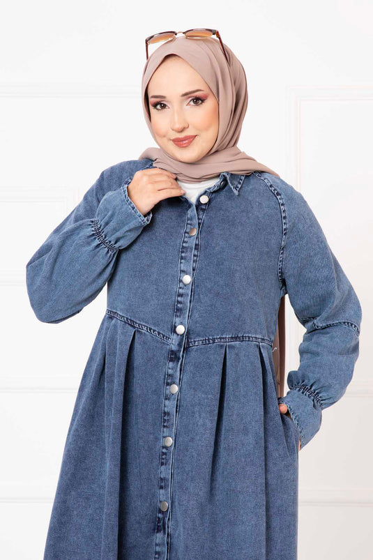 Shirt Collar Full Button Denim Dress Blue