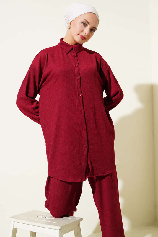 Costume deux pièces bordeaux à col chemise