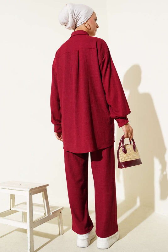 Costume deux pièces bordeaux à col chemise