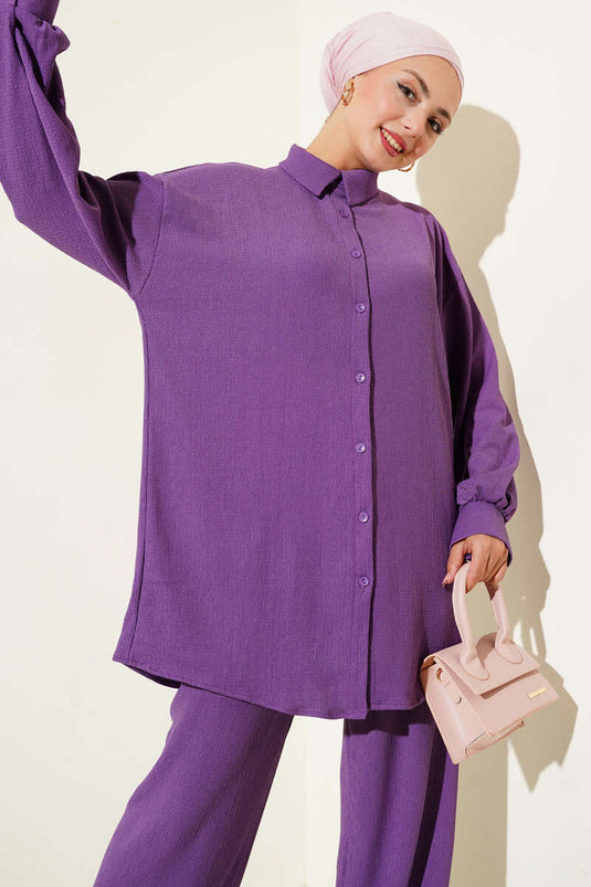 Costume deux pièces bordeaux à col chemise lilas