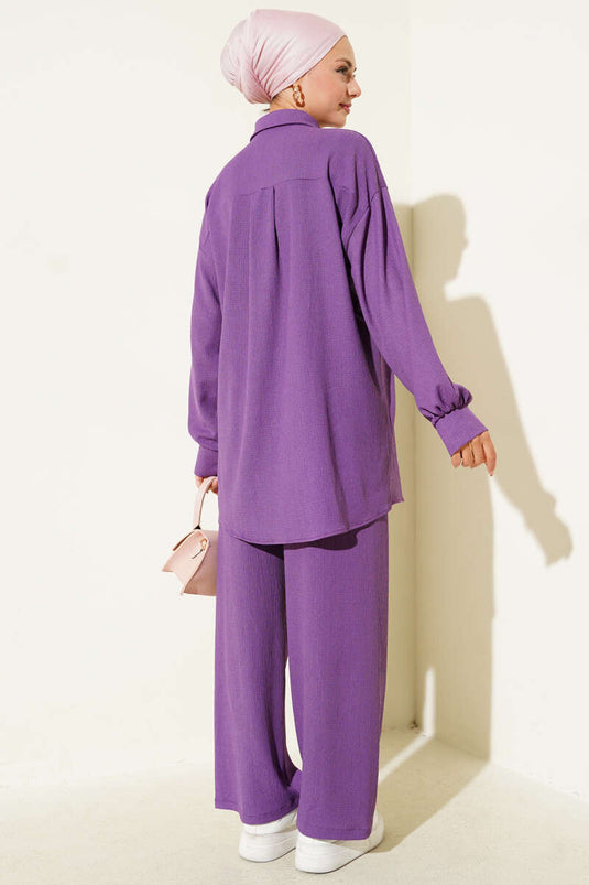 Costume deux pièces bordeaux à col chemise lilas