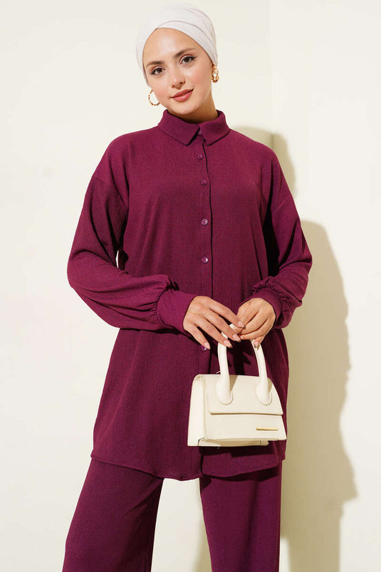 Costume deux pièces bordeaux à col chemise prune