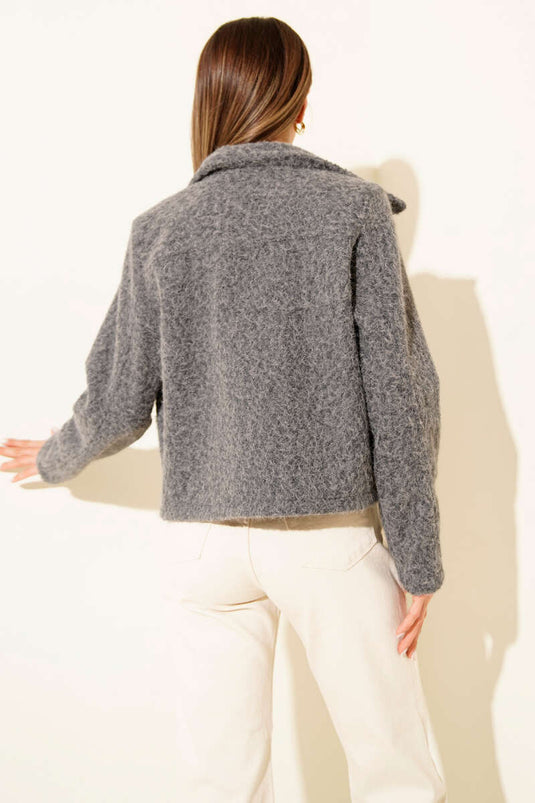 Veste courte en cachemire à col chemise et poches, gris foncé