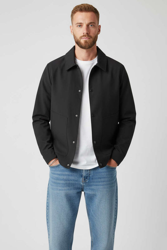 Jas met overhemdkraag en drukknopen, seizoensgebonden, zwart