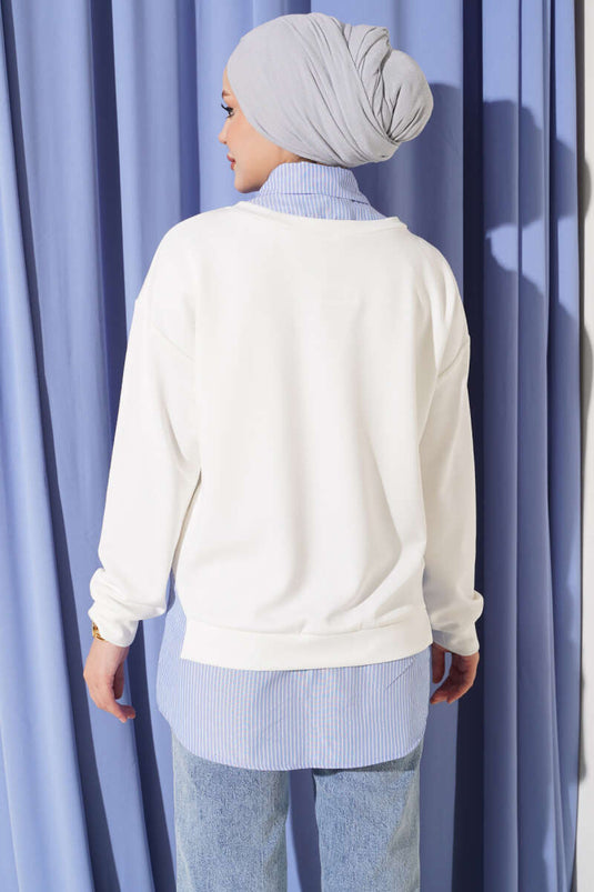 Tunika A Righe Con Collo Camicia In Maglia Color Panna