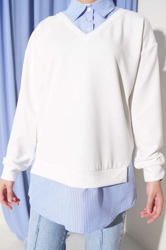 Tunika A Righe Con Collo Camicia In Maglia Color Panna