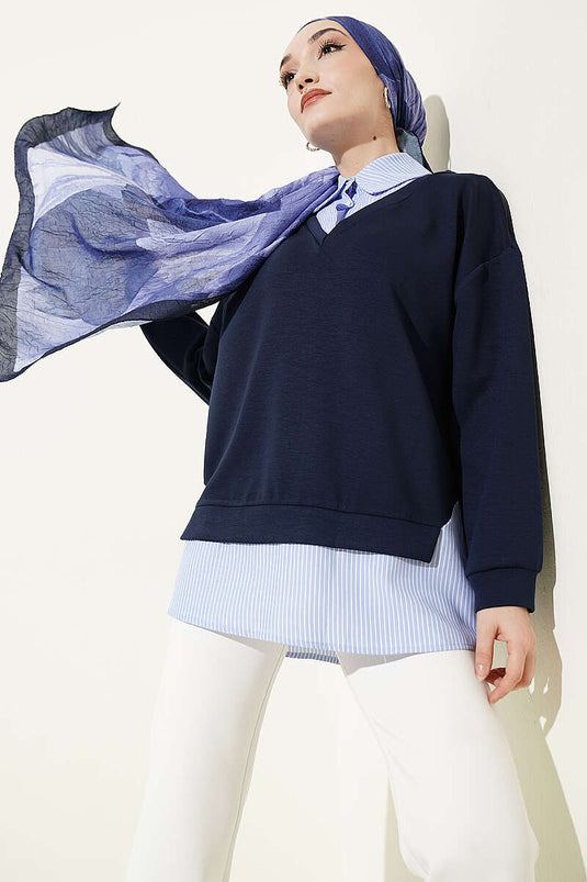 Tunique Loyşa à col chemise avec rayures, bleu marine
