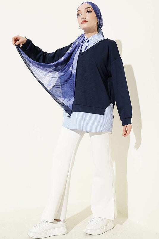 Tunique Loyşa à col chemise avec rayures, bleu marine