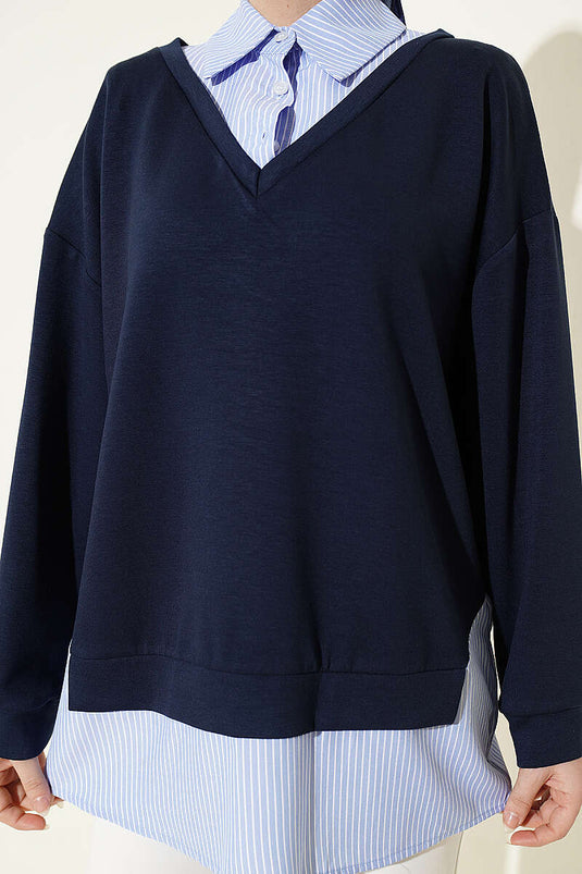 Tunique Loyşa à col chemise avec rayures, bleu marine