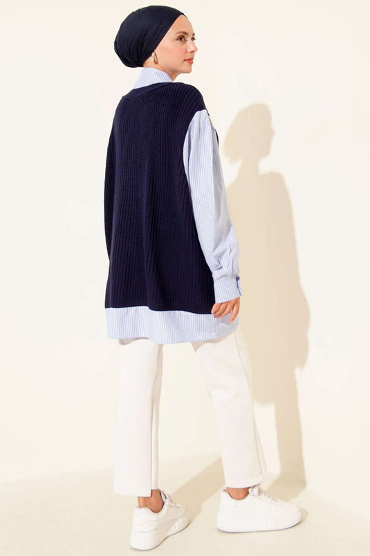 Gömlek Yaka Çizgili Triko Tunik Lacivert
