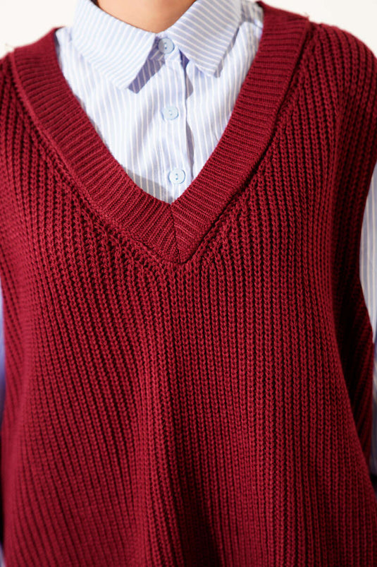 Tunique en tricot rayée à col chemise bordeaux