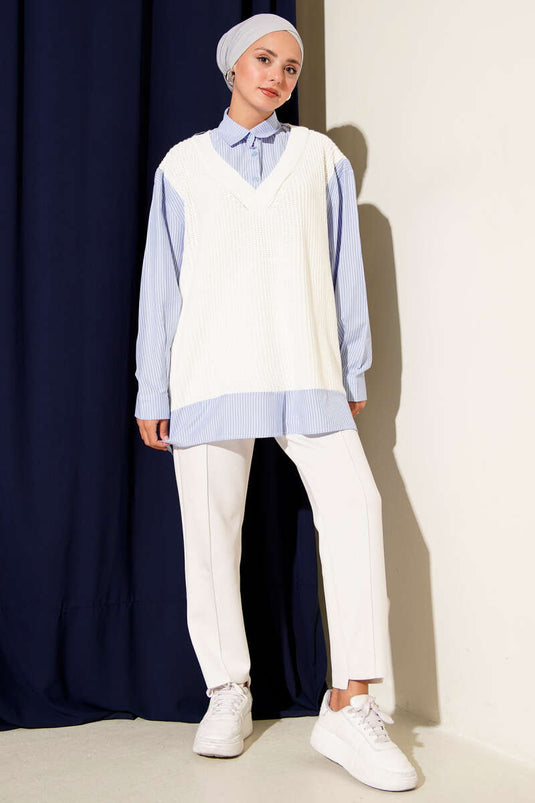 Gömlek Yaka Çizgili Triko Tunik Ekru