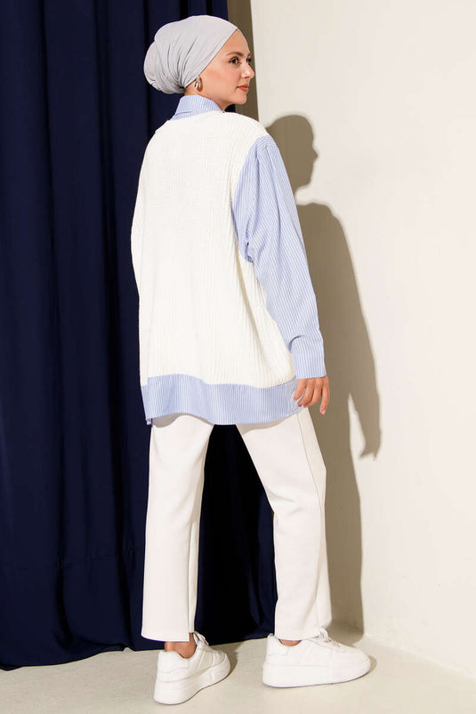 Gömlek Yaka Çizgili Triko Tunik Ekru