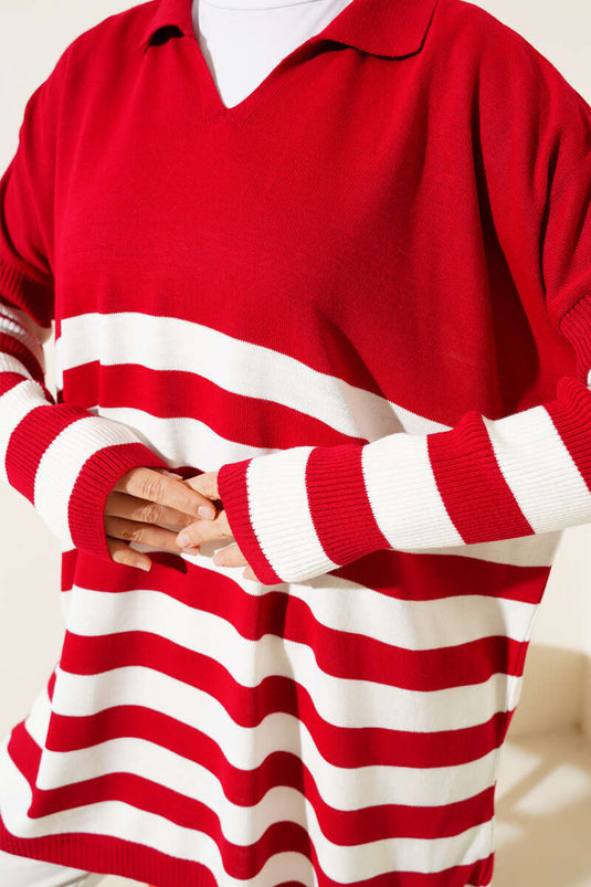 Shirt Collar Striped Knit Tunic Red