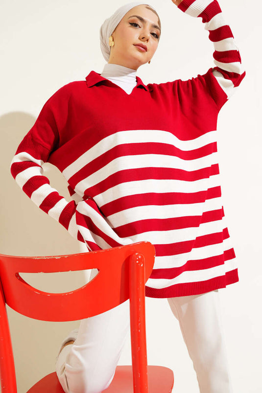 Shirt Collar Striped Knit Tunic Red