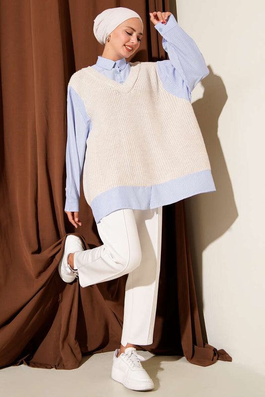 Gömlek Yaka Çizgili Triko Tunik Taş