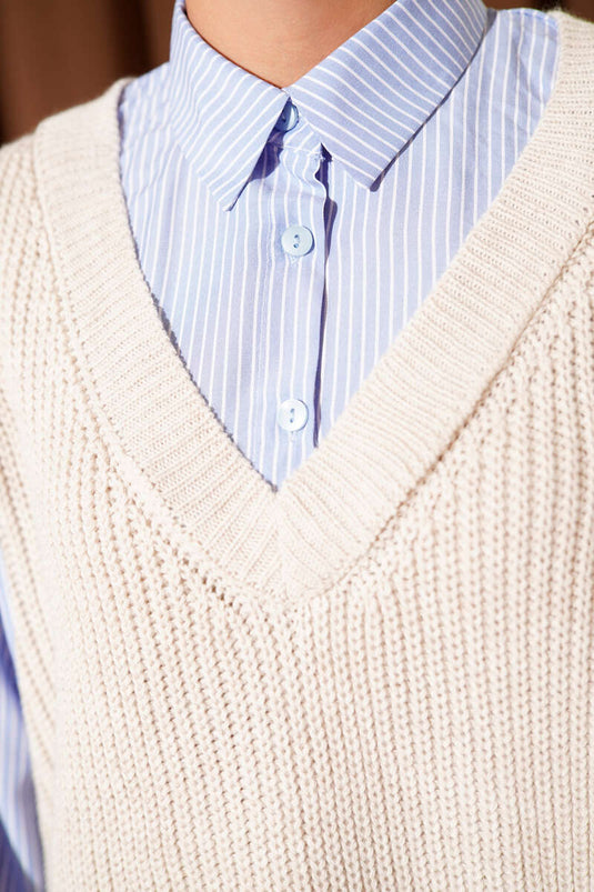 Shirt Collar Striped Knit Tunic Stone