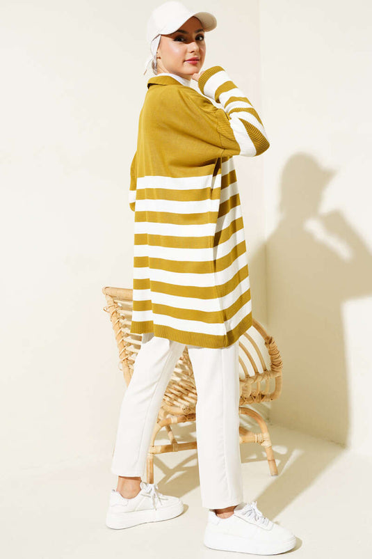 Gömlek Yaka Çizgili Triko Tunik Yağ Yeşili