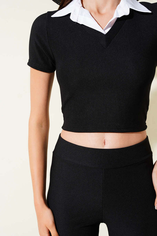 Ensemble deux pièces noir à col chemise court