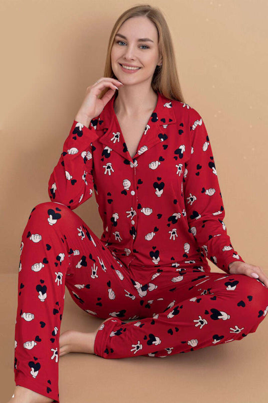 Shirt Collar Drop Pattern Pajama Set Red