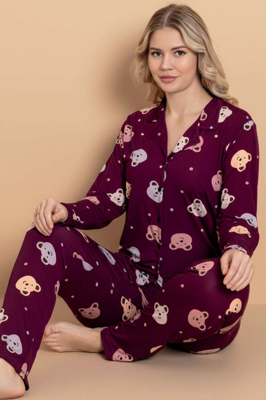 Gömlek Yaka Damla Desen Pijama Takımı Mürdüm