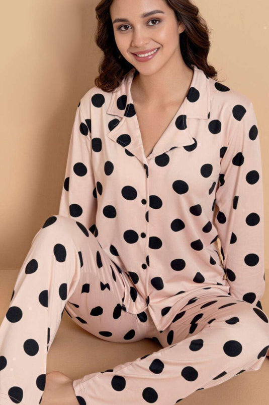 Shirt Collar Pattern Detail Pajama Set Powder Pink