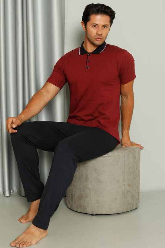 Ensemble pyjama homme bordeaux à manches courtes et col chemise
