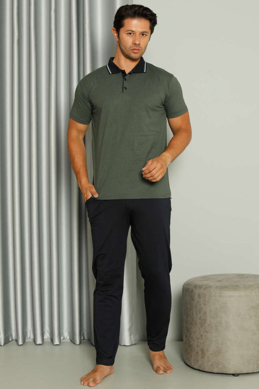 Ensemble pyjama homme kaki à manches courtes et col chemise