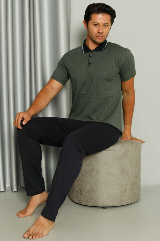 Ensemble pyjama homme kaki à manches courtes et col chemise