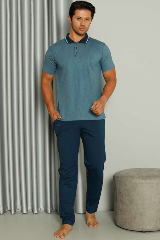 Ensemble pyjama homme bleu à manches courtes et col chemise