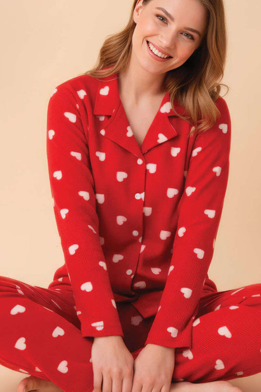 طقم بيجامة من القماش المموج بنمط ياقة القميص باللون الأحمر