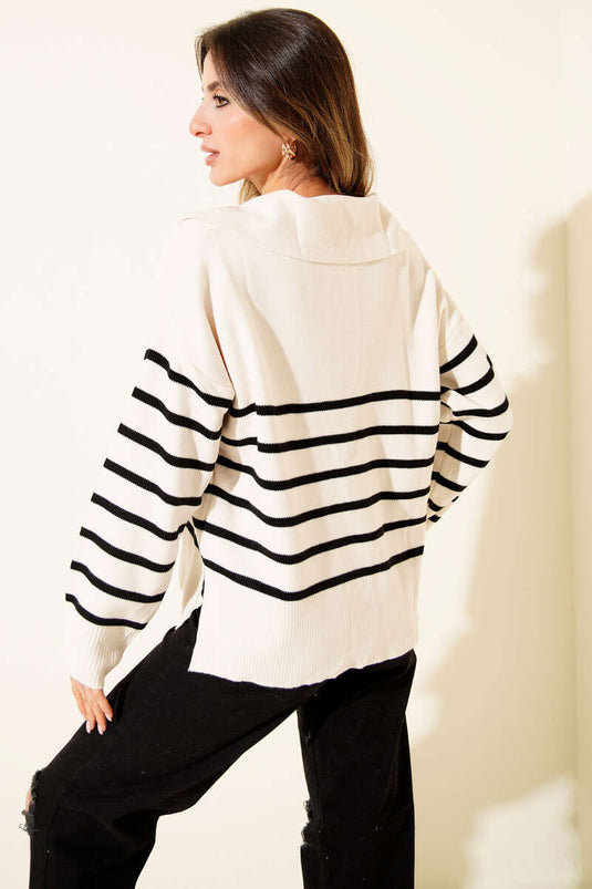 Shirt Collar Buttoned Striped Knit Sweater Beige