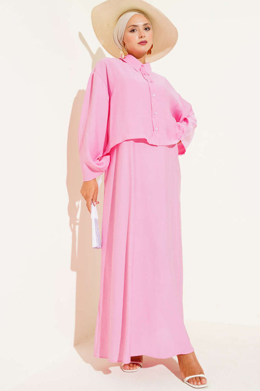 Gömlek Yaka Düğmeli Jile Takım Pembe