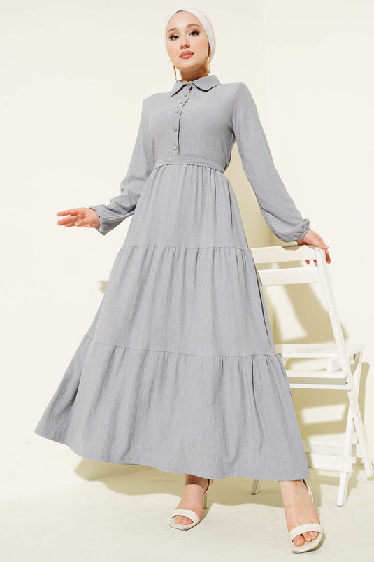 Shirt Collar Button-Down Layered Crepe Dress in Gray