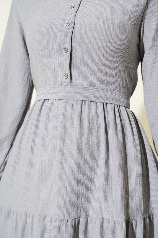 Shirt Collar Button-Down Layered Crepe Dress in Gray