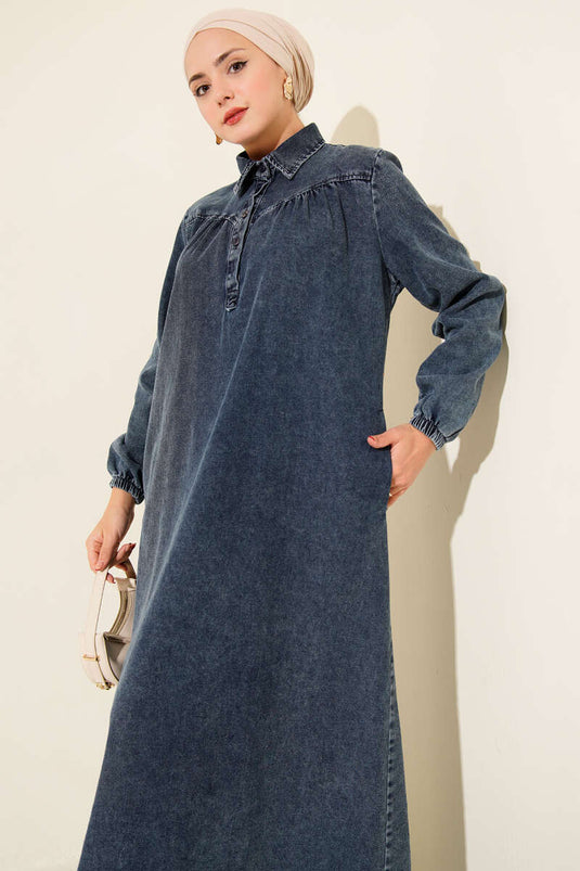 Dark Blue Button-Down Shirt Collar Denim Dress