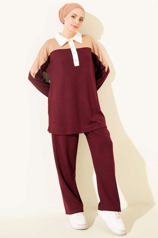 Completo doppio Loyşa con colletto a camicia e bottoni, bordeaux