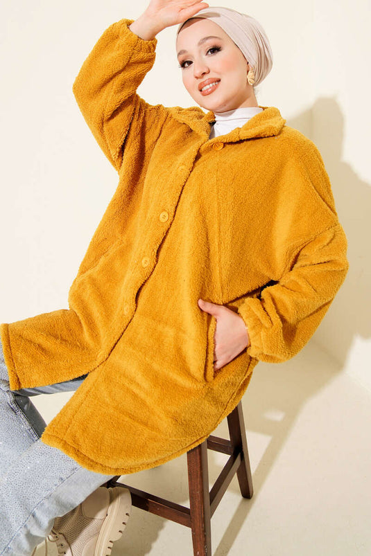 Gömlek Yaka Düğmeli Peluş Mont Hardal