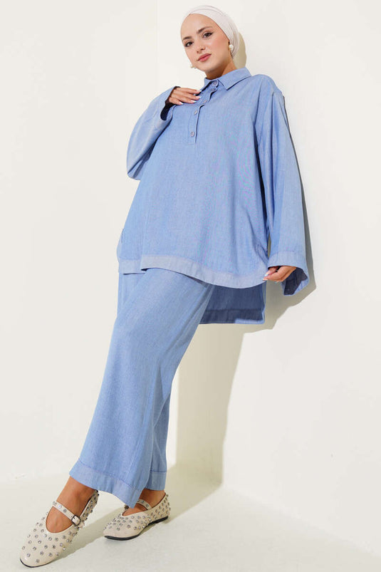 Loose-fitting two-piece set with button-down shirt collar, blue.