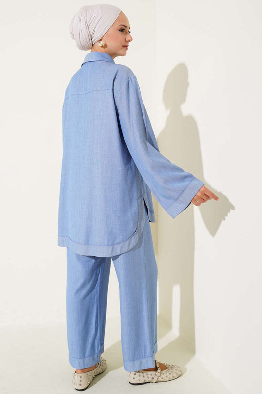 Loose-fitting two-piece set with button-down shirt collar, blue.