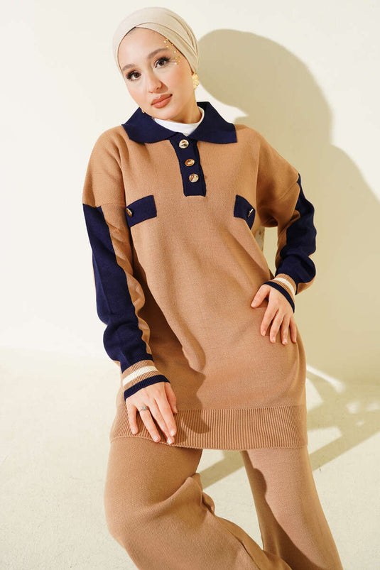 Shirt Collar Button-Down Knitwear Two Piece Set Latte