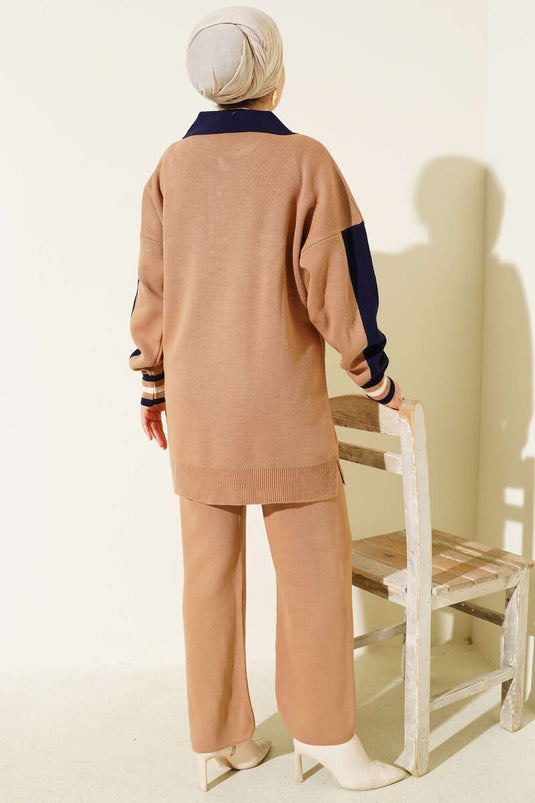 Shirt Collar Button-Down Knitwear Two Piece Set Latte