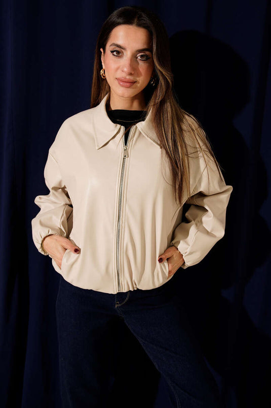 سترة جلدية بيج بياقة قميص وسحاب