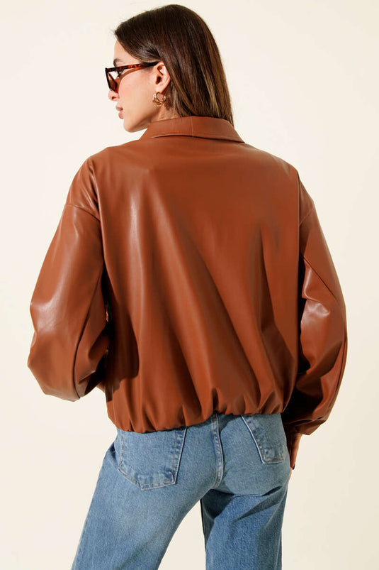 Giacca in pelle con collo a camicia e cerniera color cuoio