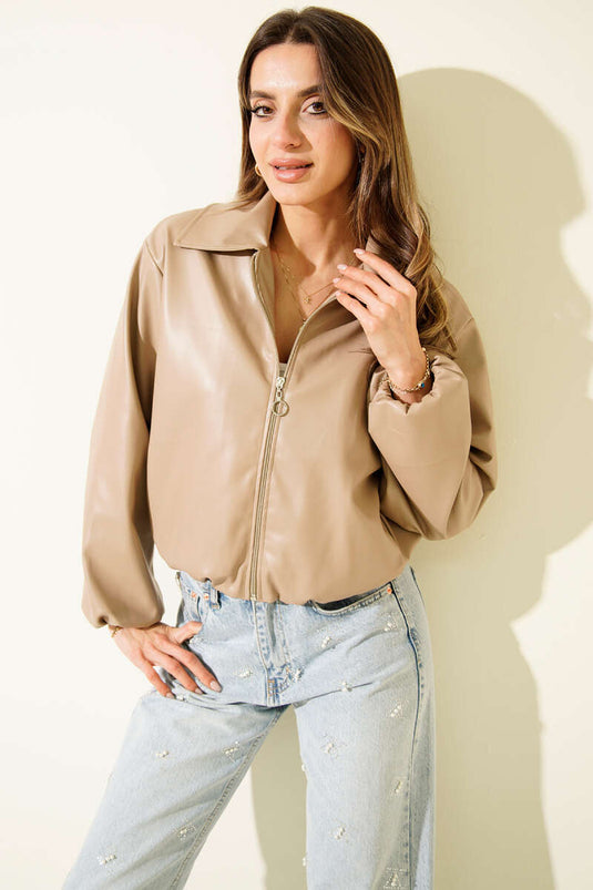 Shirt Collar Zip-Up Short Leather Jacket, Beige