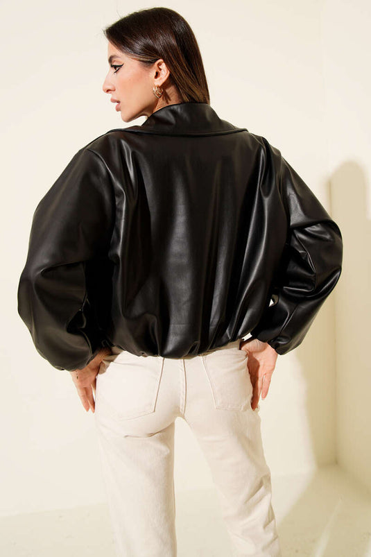 Shirt Collar Zip-Up Short Leather Jacket, Black