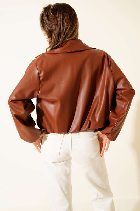 Shirt Collar Zip-Up Short Leather Jacket, Tan