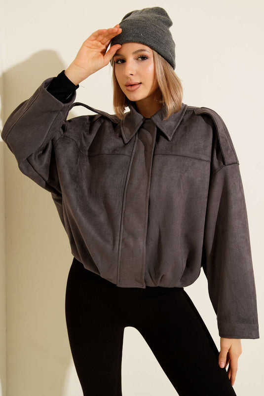 جاكيت من جلد الغزال بسحاب وياقة قميص، لون أنثراسيت